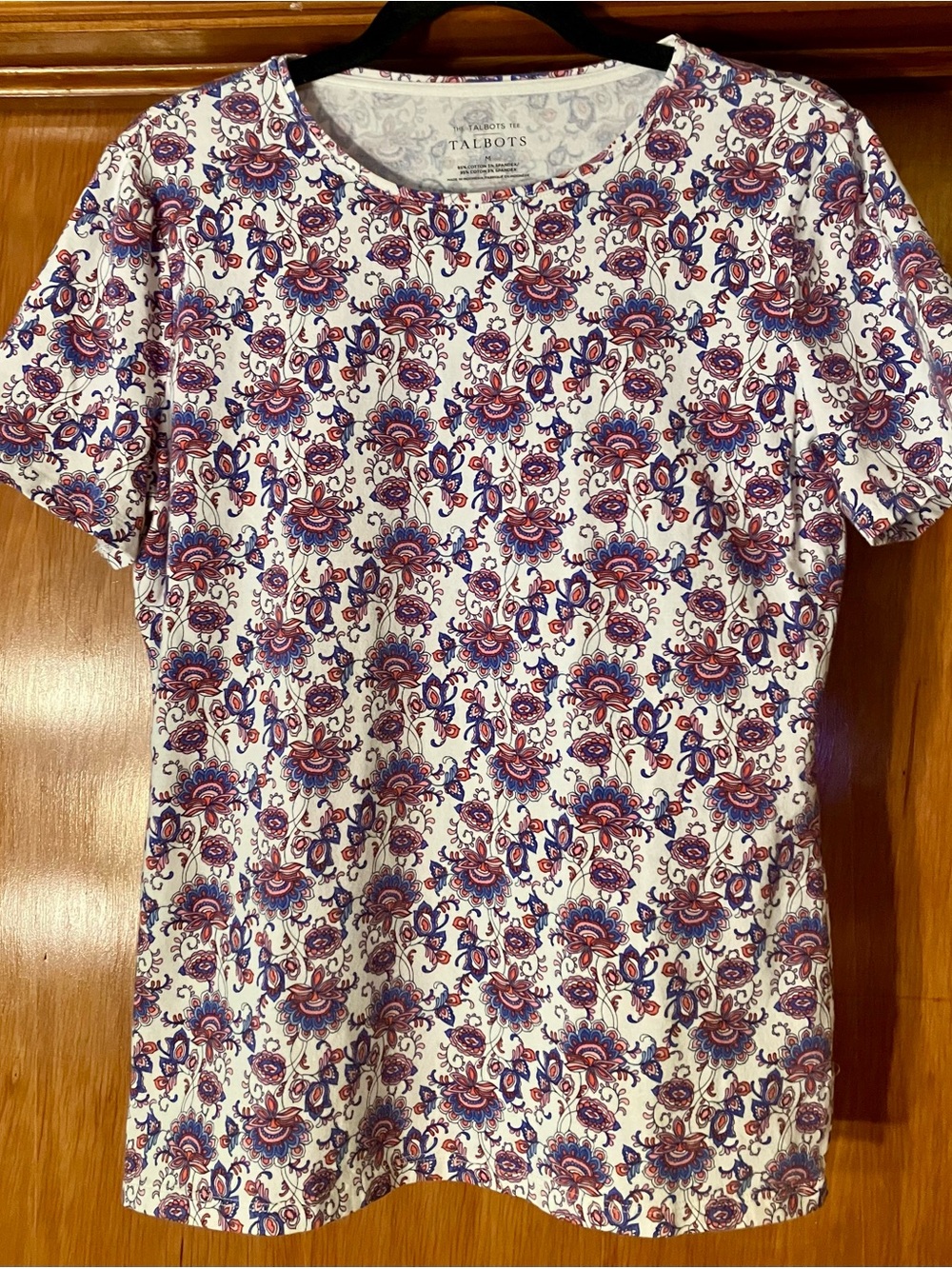 Talbots White Short-Sleeve Floral Tee with Red and Blue Motif